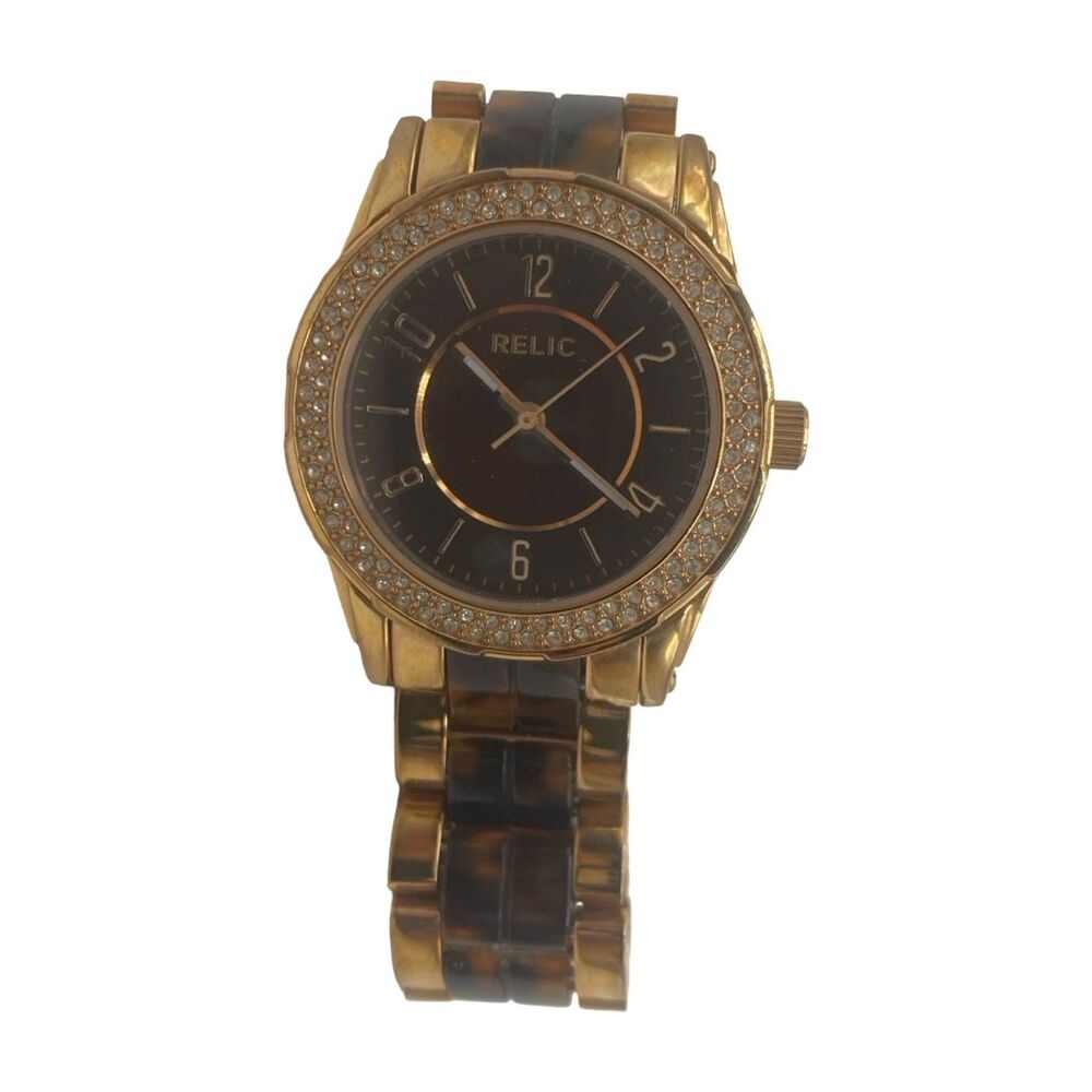 Relic Watch Women Rose Gold Tone Tortoise Shell Crystal Bezel Needs Battery